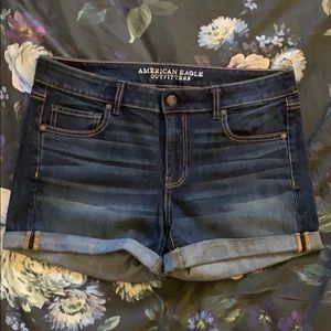 American Eagle Midi Dark Wash Denim Cuffed Shorts
